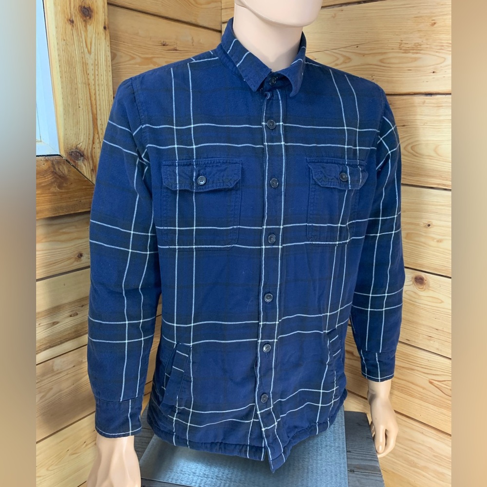 Lands' End Cotton Sherpa Lined Navy‎ Blue Plaid Men's Medium Jacket Work Coat 38